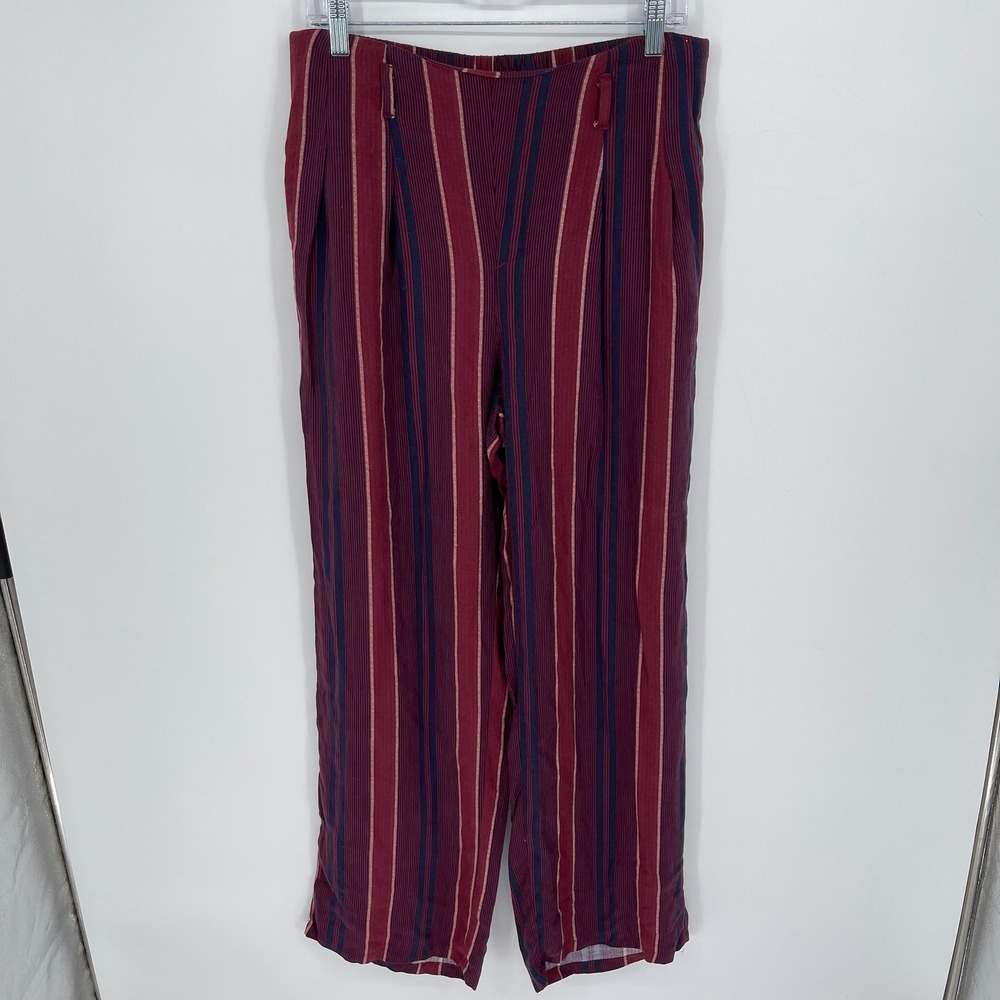 Rewash Women's Maroon Striped Elastic Waist Pleated Wide Leg Boho Pants Size L